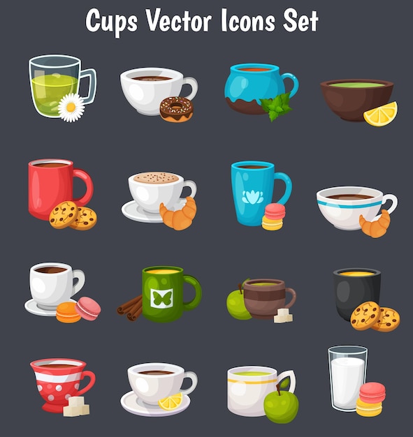 Iconos vectoriales coloridos de varias tazas que muestran bebidas y bocadillos en un arreglo lúdico