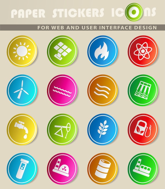 Iconos vectoriales de combustible y energía en pegatinas de papel de colores