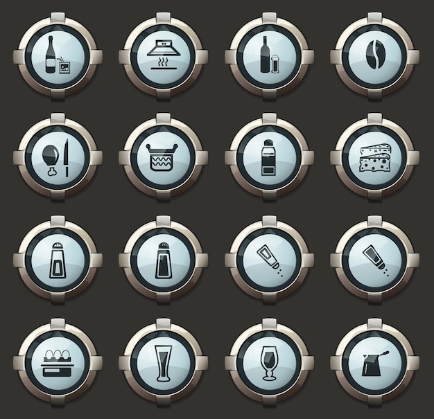 Iconos vectoriales de comida y cocina en los elegantes botones redondos para aplicaciones móviles y web