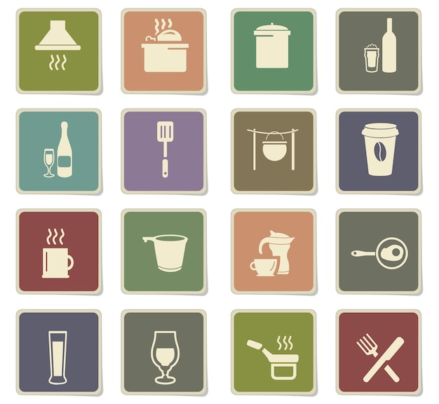 Iconos vectoriales de comida y cocina en etiquetas de cartón