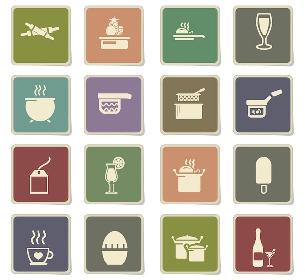 Iconos vectoriales de comida y cocina en etiquetas de cartón