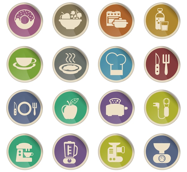 Iconos vectoriales de comida y cocina en forma de etiquetas de papel redondas