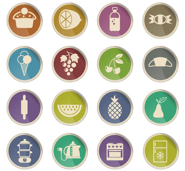 Iconos vectoriales de comida y cocina en forma de etiquetas de papel redondas