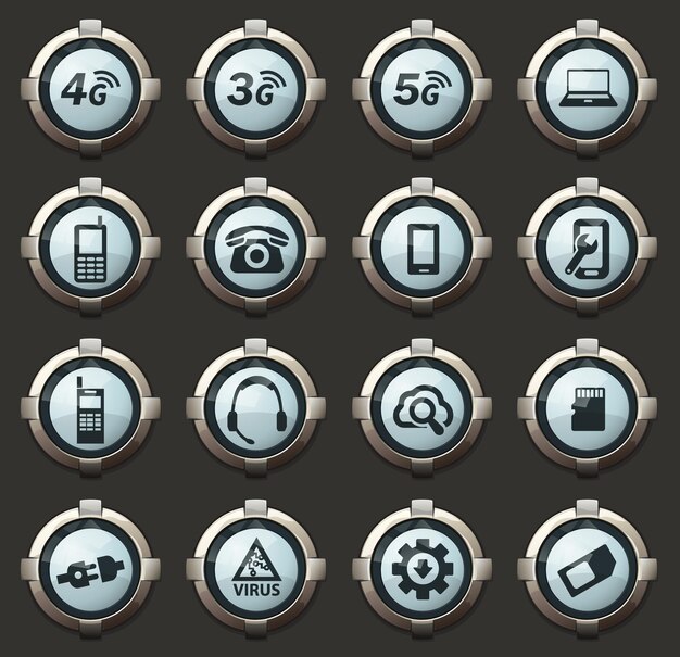 Iconos vectoriales de conexión móvil en los elegantes botones redondos para aplicaciones móviles y web