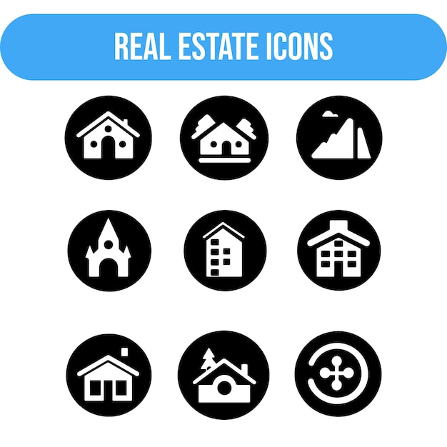 Iconos vectoriales conjunto de 6 para bienes raíces sólido en blanco y negro