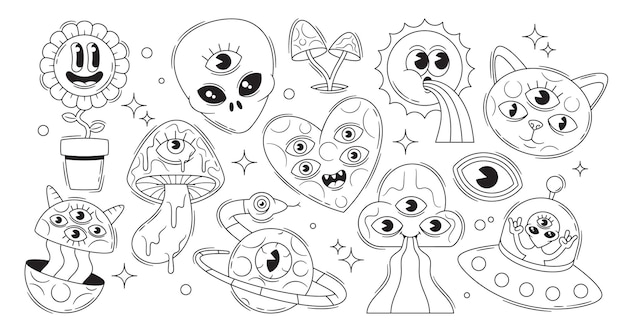 Iconos vectoriales de contorno psicodélico con flores de manzanilla en la olla set set set set hongos alienígenas y platillo UFO