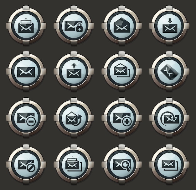 Iconos vectoriales de correo en los elegantes botones redondos para aplicaciones móviles y web