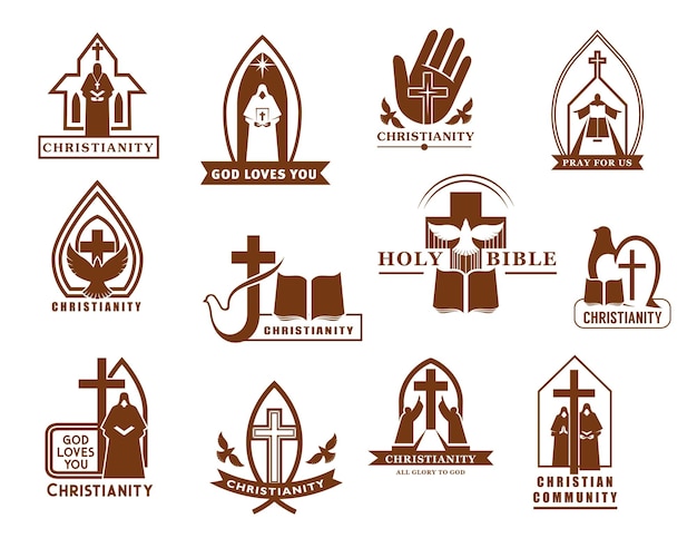 Los iconos vectoriales del cristianismo cruzan la Biblia y la paloma