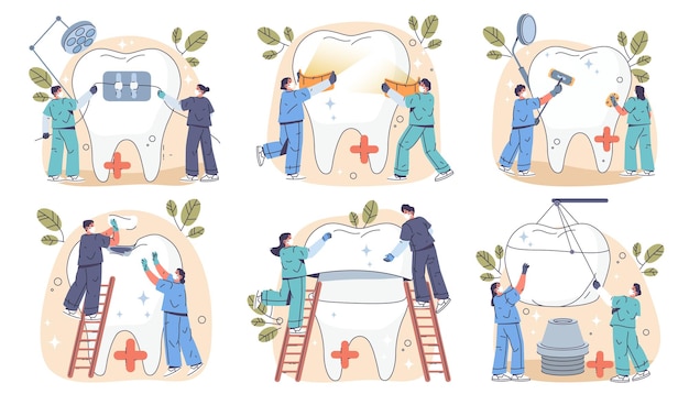 Los iconos vectoriales de cuidado oral y odontología indican los procedimientos dentales, incluido el blanqueo de la cavidad