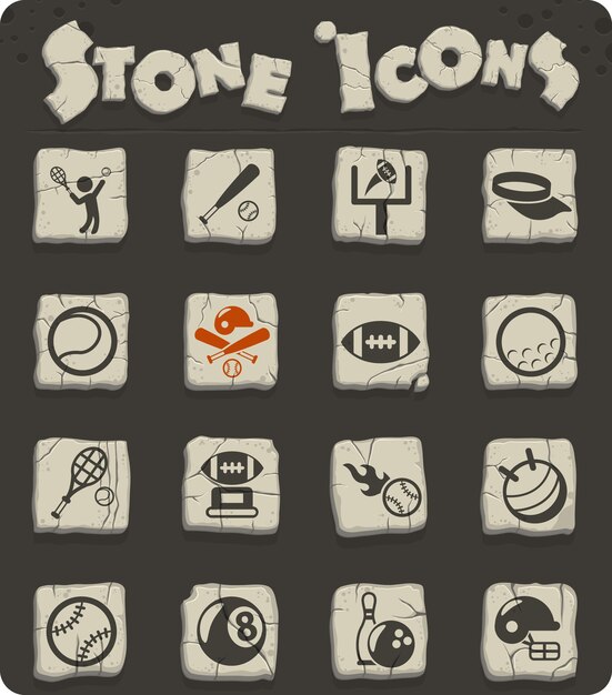 Iconos vectoriales deportivos en bloques de piedra en el estilo de la edad de piedra para diseño web y de interfaz de usuario