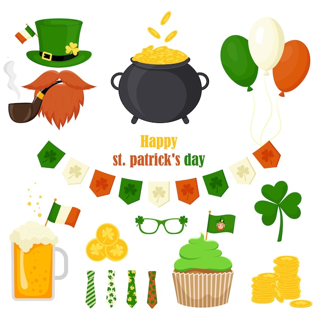 Los iconos vectoriales del Día de San Patricio se encuentran aislados en un fondo blanco. Estilo plano, elementos de estilo de dibujos animados: olla de oro, bolas, pipa, pastel, monedas, cerveza, bandera, corbata, trébol