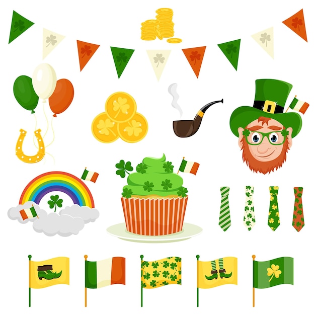 Los iconos vectoriales del Día de San Patricio se encuentran aislados en un fondo blanco. Estilo plano, elementos de estilo de dibujos animados: trébol, duende, pastel, bandera, corbata, arco iris, herradura, gafas, pipa.