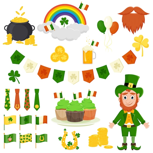 Los iconos vectoriales del día de san patricio se encuentran aislados en un fondo blanco. estilo plano, elementos de estilo de dibujos animados: trébol, duende, pastel, oro, bandera, herradura, barba, bigote, arco iris.