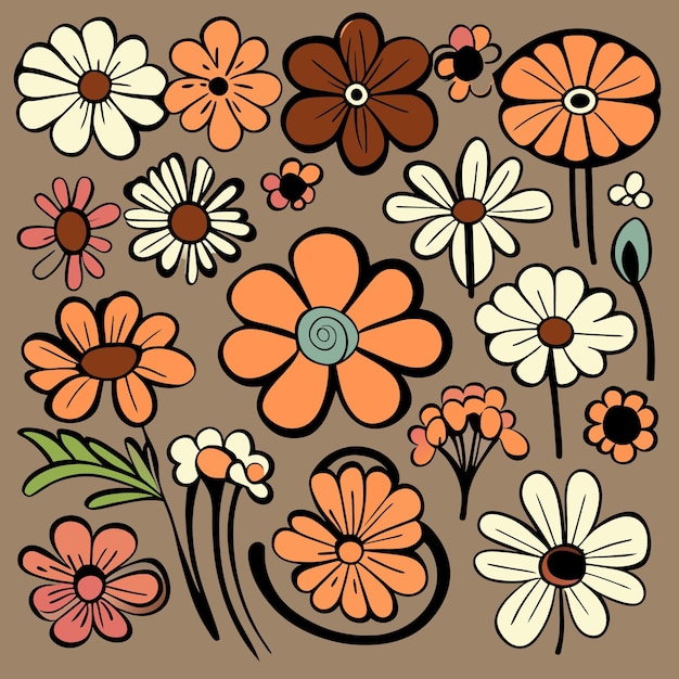 Iconos vectoriales digitales dibujados a mano de arte floral vibrante