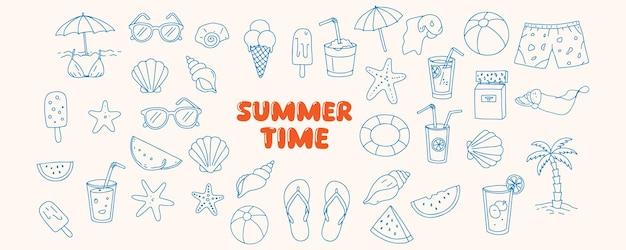 Iconos vectoriales de Doodle de playa de verano juguetones con elementos tropicales helados bebidas solares