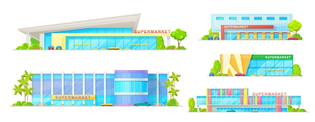 Iconos vectoriales de edificios de supermercados y tiendas