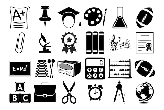 Iconos vectoriales educativos que representan herramientas de aprendizaje desde la calculadora hasta la pizarra en estilo monocromático