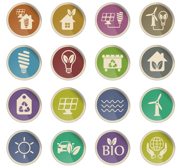 Iconos vectoriales de energía alternativa en forma de etiquetas de papel redondas
