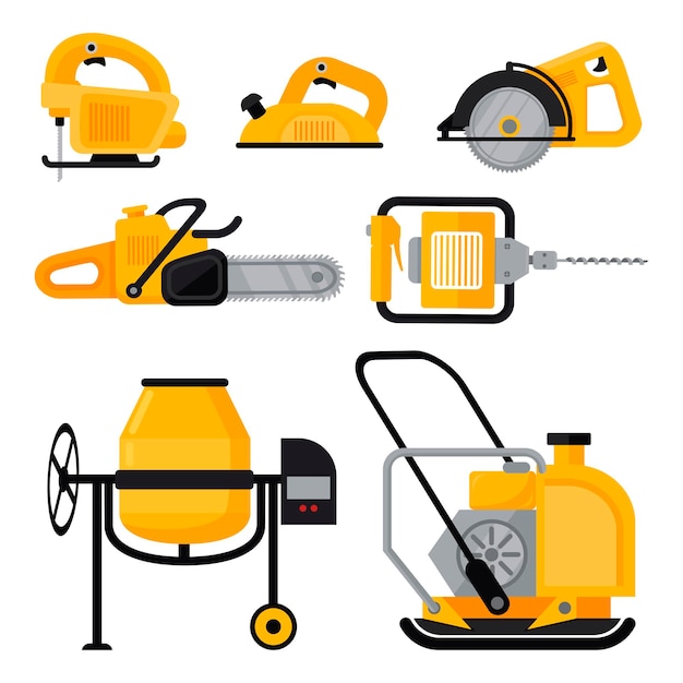 Vector iconos vectoriales de equipos de construcción establecidos en estilo plano. vibroapisonador de sierra circular, taladro de gas de disco eléctrico, martillo neumático, motosierra, hormigonera,