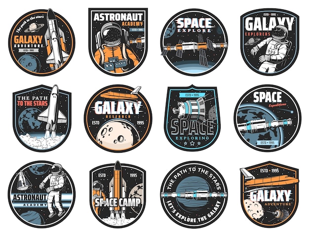 Iconos vectoriales espaciales astronauta en cohete galaxy