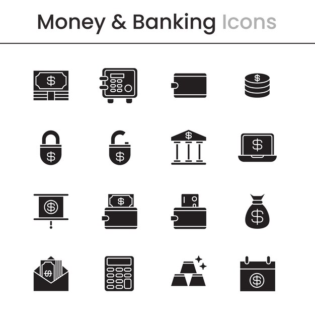 Los iconos vectoriales establecen la moneda y la transacción de dinero bancario tarjeta de crédito en negrita