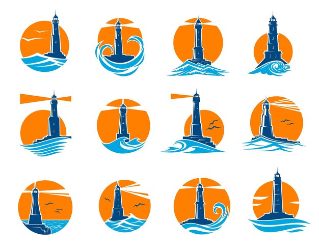 Iconos vectoriales de faros y faros siluetas de torres de faros marinos con olas costeras del océano rocas de la costa marina gaviotas y rayos de reflectores en el fondo del atardecer edificios de navegación náutica