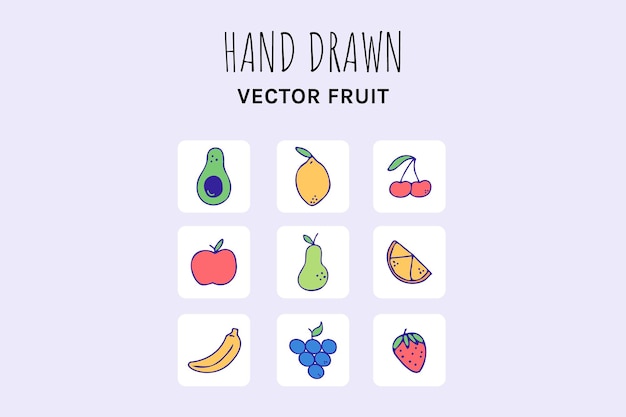 Iconos vectoriales de frutas coloridos Estilo dibujado a mano para diseños de alimentos