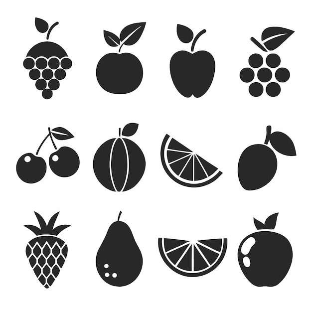 Iconos vectoriales de frutas configurados en estilo de silueta audaz para proyectos de diseño moderno