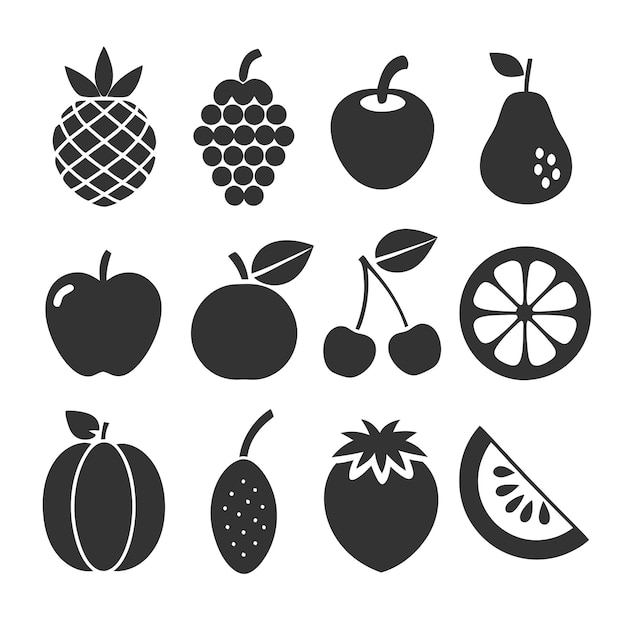 Iconos vectoriales de frutas configurados en estilo de silueta audaz para proyectos de diseño moderno