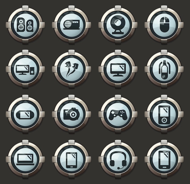 Iconos vectoriales de gadget en los elegantes botones redondos para aplicaciones móviles y web