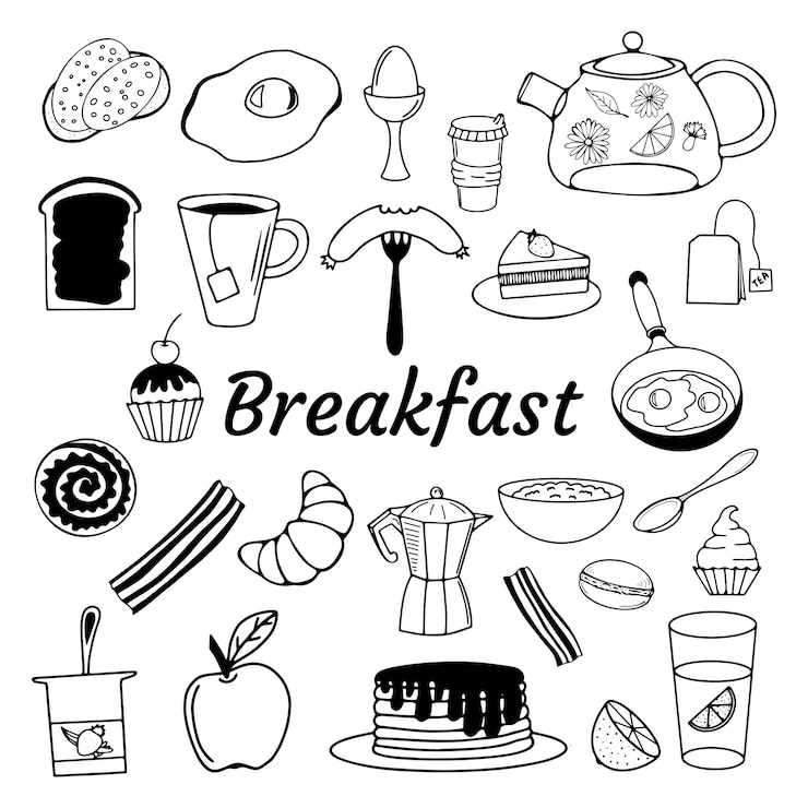 Vector iconos vectoriales garabatos sobre el tema desayuno para el menú de la cafetería