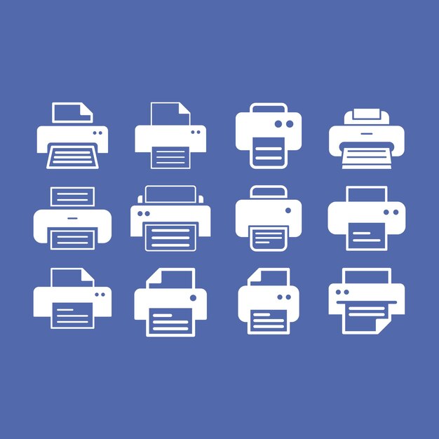 Los iconos vectoriales de la impresora establecen la ilustración aislada para el diseño gráfico y web