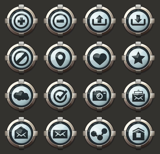 Iconos vectoriales de interfaz de usuario en los elegantes botones redondos para aplicaciones móviles y web