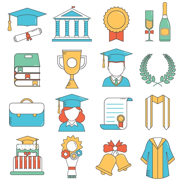 Iconos vectoriales de línea delgada de graduación