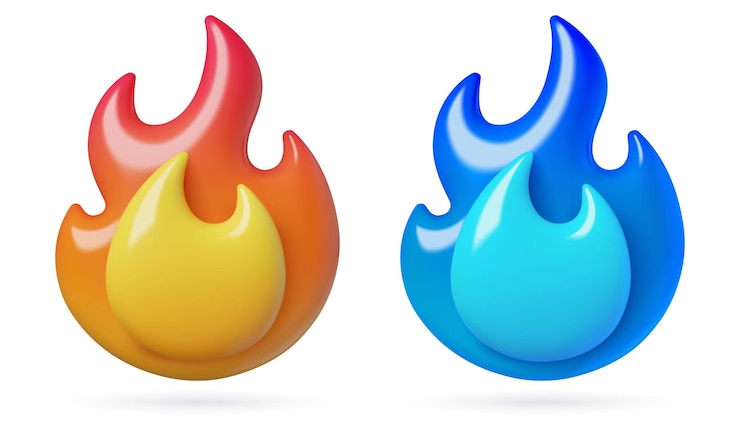 Vector iconos vectoriales de llamas rojas y azules en 3d y emojis de combustible de gas y fuego