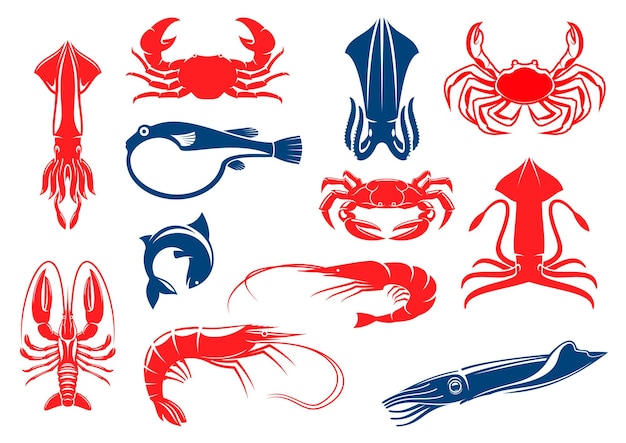 Iconos vectoriales de mariscos y pescados de camarón, cangrejo y langosta, calamar, salmón o atún. Emblemas aislados vectoriales para restaurante de comida de mar, mercado de pescado o tienda, cocina oriental