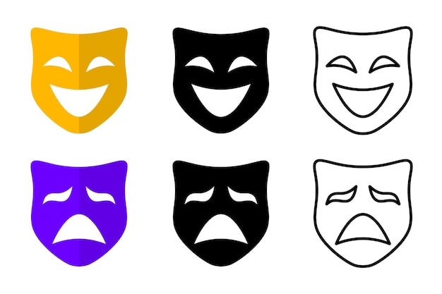 Iconos vectoriales de mascaradas Iconos de máscaras de teatro Iconos cómicos y trágicos Iconos con máscaras Tradición feliz e infeliz
