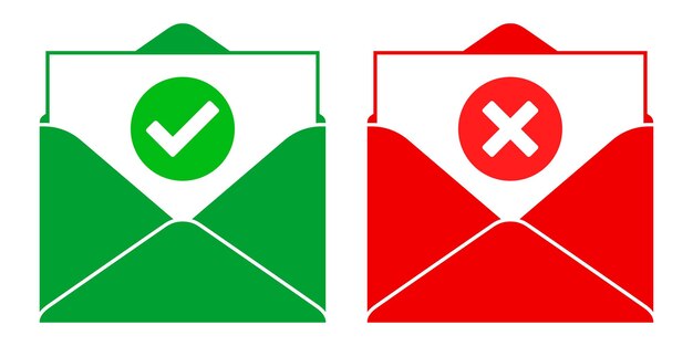 Iconos vectoriales de mensajes positivos y negativos con una marca de verificación verde y signos X rojos aislados en blanco