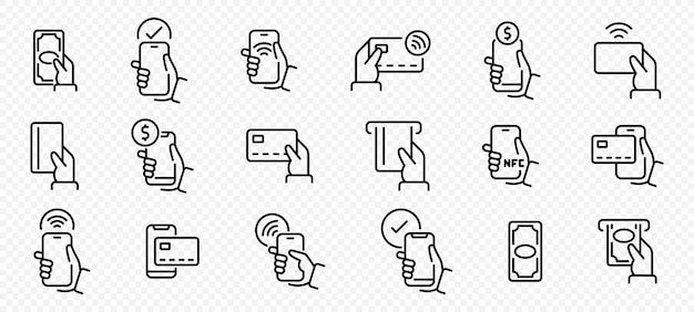 Iconos vectoriales de método de pago Conjunto de iconos de línea de pago Pago sin contacto Dinero en efectivo Cartera de tarjeta de crédito Pago sin efectivo Compra sin contacto