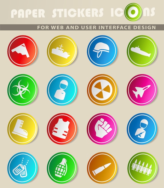 Iconos vectoriales militares en pegatinas de papel de colores