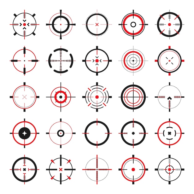 Iconos vectoriales de mira de pistola en cruz Diana objetivo negro o símbolo de puntería Signo de marca de disparo de alcance de rifle militar Apuntando a un tiro Tiro con arco caza y tiro deportivo Elemento de interfaz de usuario del juego