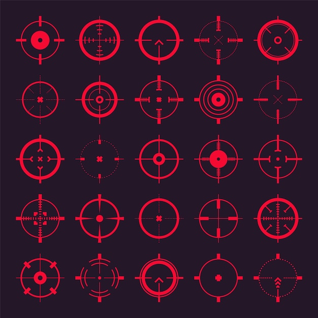 Iconos vectoriales de la mira de la pistola de mira cruzada bullseye blanco rojo o símbolo de la mira signo de marca de tiro del alcance del rifle militar acercamiento apuntando a un disparo caza con arco y tiro deportivo elemento de la interfaz de juego