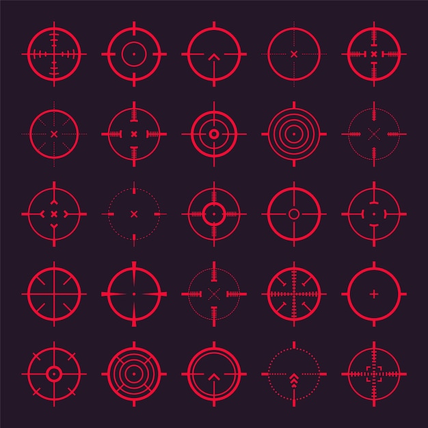 Vector iconos vectoriales de la mira de la pistola de mira cruzada bullseye blanco rojo o símbolo de la mira signo de marca de tiro del alcance del rifle militar acercamiento apuntando a un disparo caza con arco y tiro deportivo elemento de la interfaz de juego