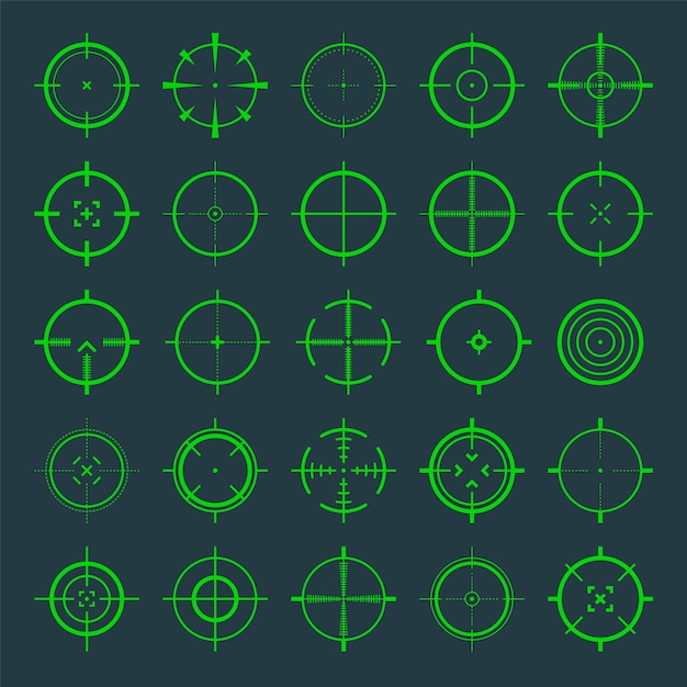 Iconos vectoriales de la mira de la pistola de mira cruzada Bullseye blanco verde o símbolo de la mira Signo de marca de tiro del alcance del rifle militar Acercamiento apuntando a un disparo Caza con arco y tiro deportivo Elemento de la interfaz de juego