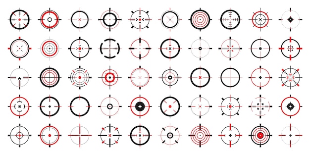 Iconos vectoriales de la mira de la pistola de mira cruzada mira de toro blanco negro o objetivo símbolo de tiro de alcance de rifle militar