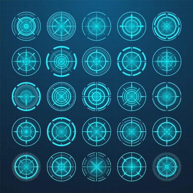 Iconos vectoriales de la mira de la pistola de mira cruzada mira de toro blanco negro o objetivo símbolo de tiro de alcance de rifle militar