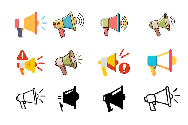 Iconos vectoriales modernos de megáfono Conjunto de altavoces Anuncio Símbolos de alerta