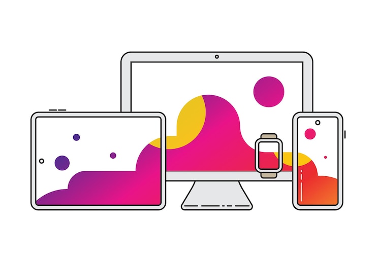 Vector iconos vectoriales multiplataforma ilustración dispositivos multiplataforme tableta inteligente teléfono inteligente reloj de escritorio con un solo fondo en la pantalla