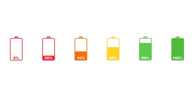 Iconos vectoriales de nivel de batería configurar la batería de baja a plena carga con porcentaje