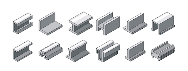 Iconos vectoriales de perfiles metálicos que establecen secciones de ingeniería utilizadas en la construcción
